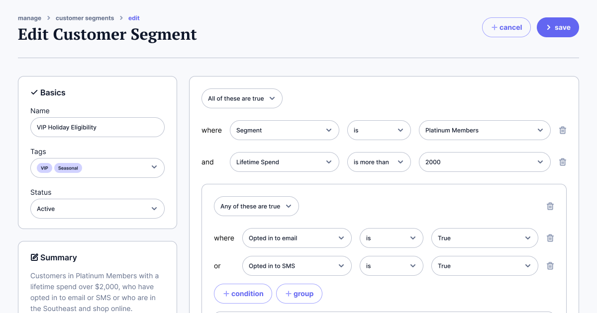 Grouping conditions makes it easy for users to parse the the segment's stucture.